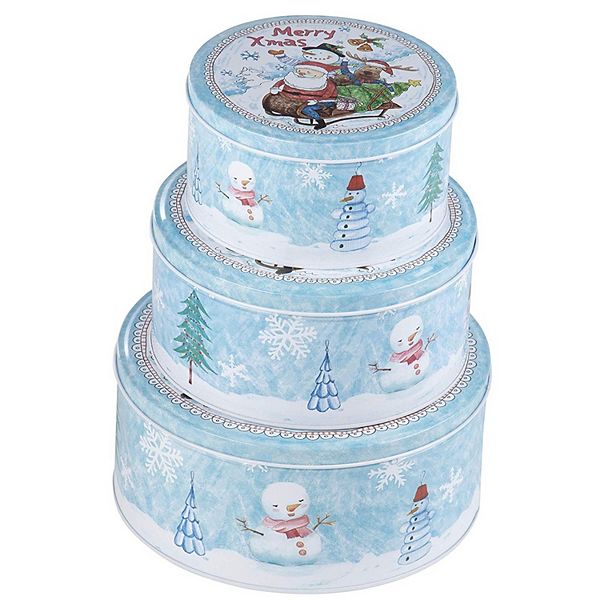 Juvale Christmas Nesting Cake Tins - 3-Set Round Nested Cookie Candy Storage Containers with Lids for Confectioneries, Holiday Decor, Light Blue and White Juvale