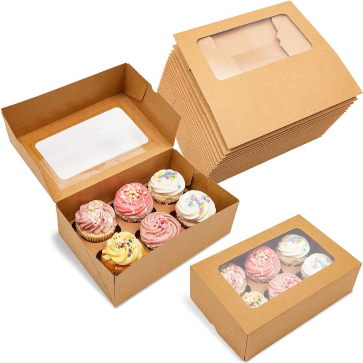 Kraft Cupcake Boxes with 6 Inserts and Window for Weddings and Birthdays (24 Pack) Juvale