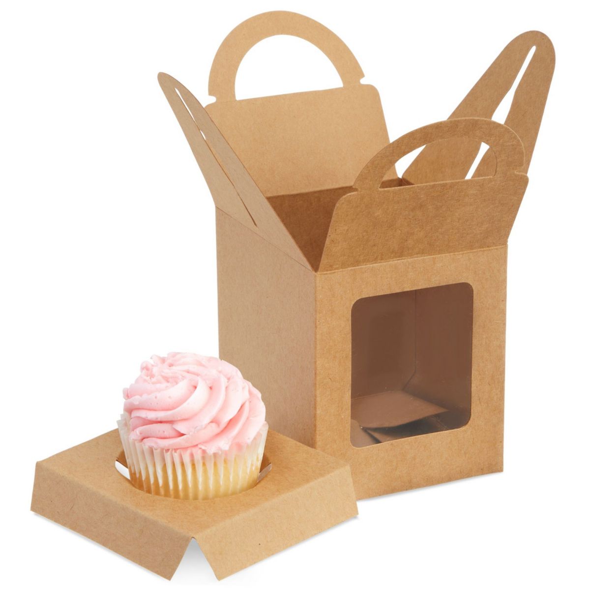 Kraft Cupcake Boxes with Clear Window and Inserts (3.7 x 4.2 x 3.7 In, 50 Pack) Juvale