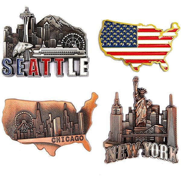 Juvale American Magnets for Fridge - Pack of 4 - New York, Chicago, Seattle, US Flag Juvale