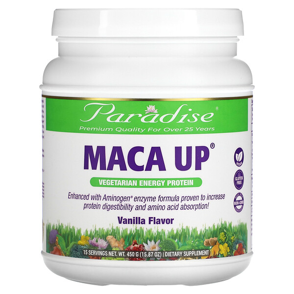 Maca Up, Вегетарианский энергетический протеин, ваниль, 15,87 унции (450 г) Paradise Herbs