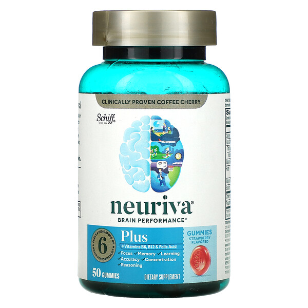 Neuriva Brain Performance, плюс витамины B6, B12 и фолиевая кислота, клубника, 50 жевательных конфет Schiff