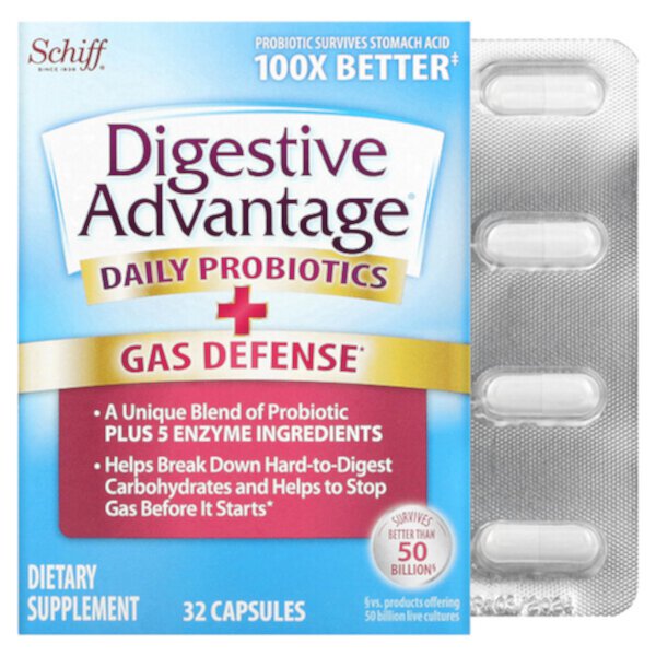 Digestive Advantage, Ежедневные пробиотики + защита от газов, 32 капсулы Schiff