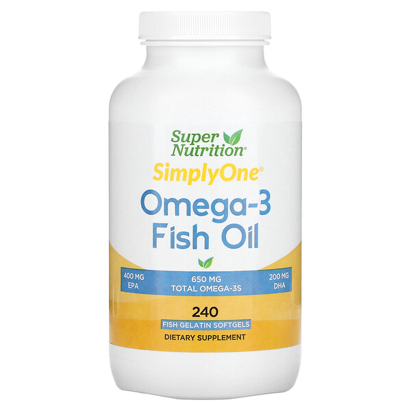 Рыбий жир с омега-3, 650 мг, 240 рыбных мягких таблеток (650 мг на мягкую таблетку) Super Nutrition