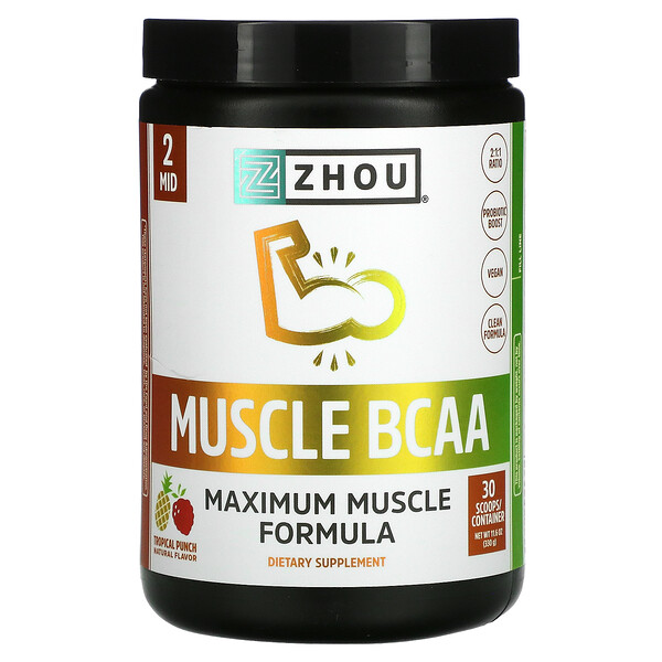 Muscle BCAA, Формула максимальной мышечной массы, тропический пунш, 11,6 унции (330 г) Zhou