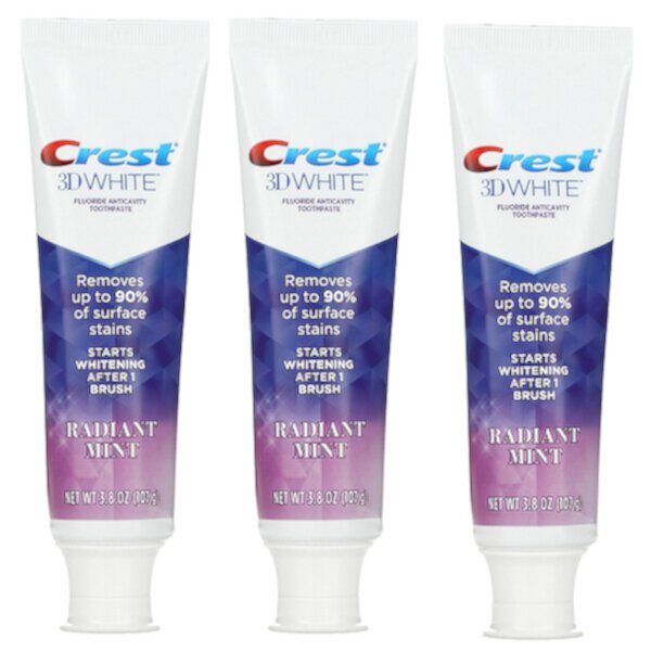 3D White, Fluoride Anticavity Toothpaste, Radiant Mint, 3 Pack, 3.8 oz (107 g) Each Crest