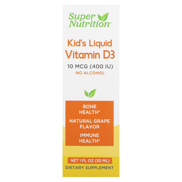 Kid’s Liquid Vitamin D3, No Alcohol, Grape, 10 mcg (400 IU), 1 fl oz (30 ml) Super Nutrition