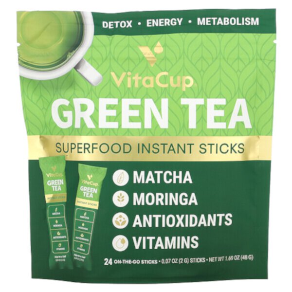 Green Tea Superfood Instant Sticks, Unsweetened, 24 On-The-Go Sticks, 0.07 oz (2 g) Each VitaCup
