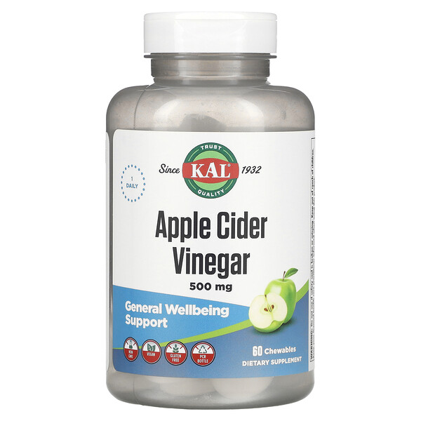Яблочный уксус, зеленое яблоко, 500 мг, 60 жевательных таблеток KAL