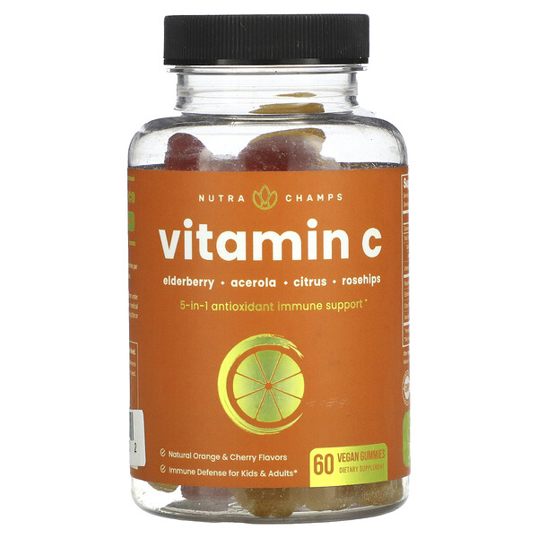 Витамин С, натуральный апельсин и вишня, 60 веганских жевательных конфет NutraChamps