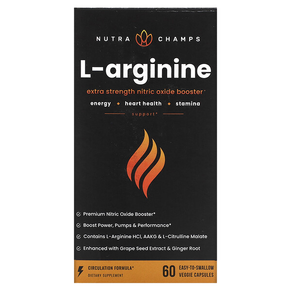 L-аргинин, 60 растительных капсул, которые легко глотать NutraChamps