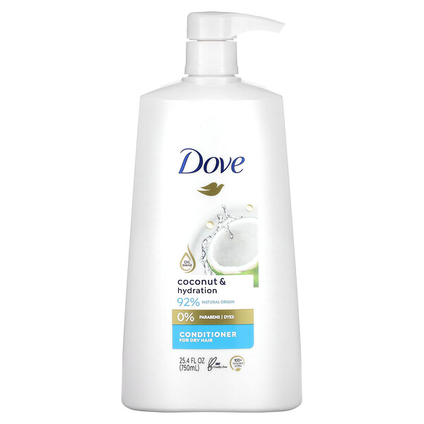 Кондиционер, для сухих волос, кокос и увлажнение, 25,4 жидких унций (750 мл) Dove
