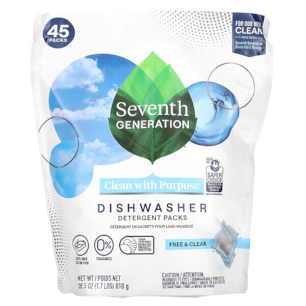 Dishwasher Detergent Packs, Free & Clear, 45 Packs, 1.7 lbs (810 g) Seventh Generation