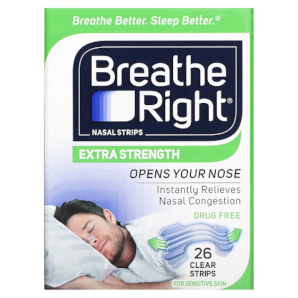 Полоски для носа, повышенной прочности, для чувствительной кожи, 26 прозрачных полосок Breathe Right