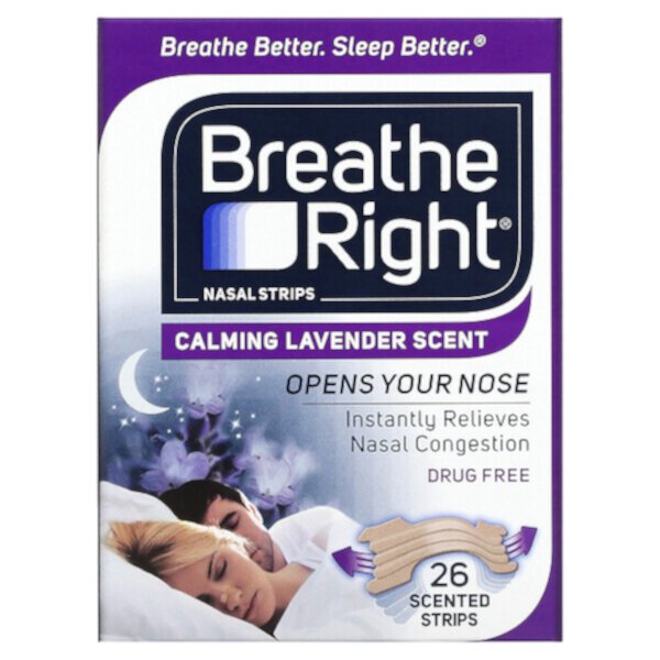 Полоски для носа, успокаивающая лаванда, 26 ароматических полосок Breathe Right