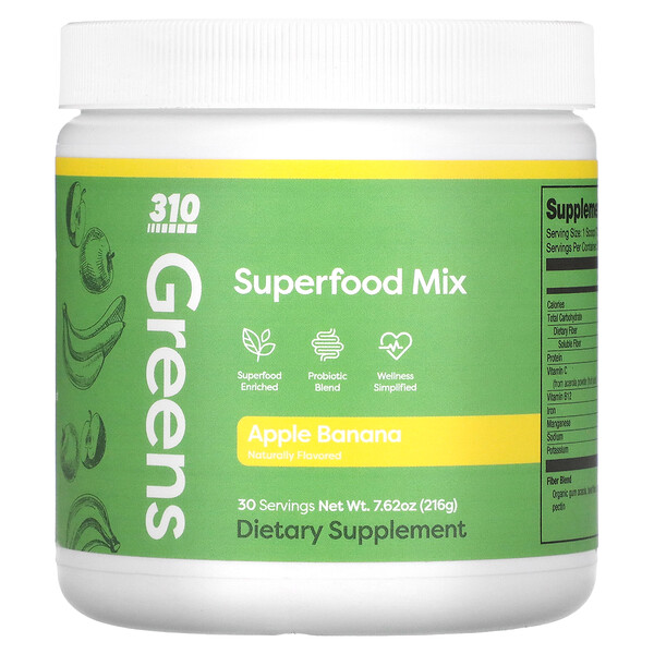 Greens, Superfood Mix, яблоко-банан, 7,62 унции (216 г) 310 Nutrition