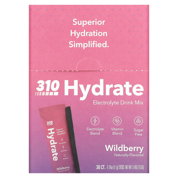 Hydrate, Смесь для приготовления электролитного напитка, Wildberry, 30 палочек, по 0,18 унции (5,1 г) каждая 310 Nutrition