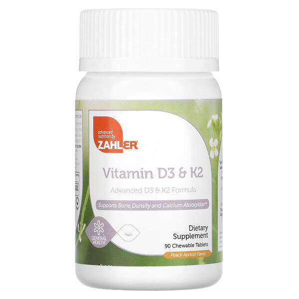 Витамины D3 и K2, персик-абрикос, 90 жевательных таблеток Zahler