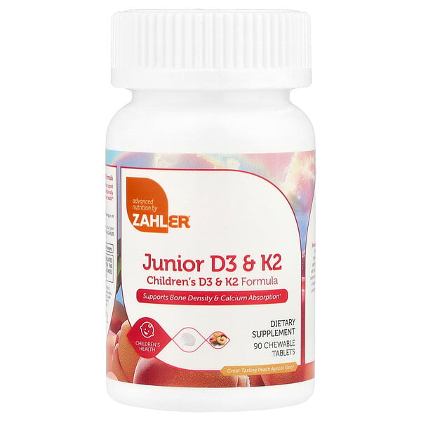 Junior D3 & K2 с персиково-абрикосовым вкусом, 90 жевательных таблеток для детской поддержки костной плотности Zahler