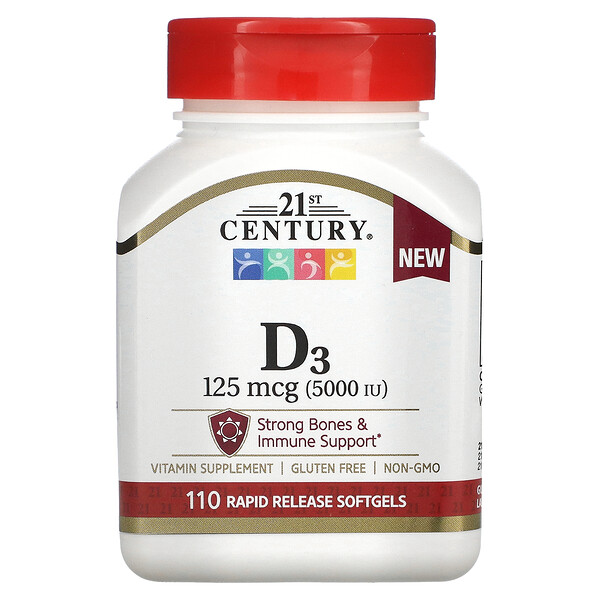 Витамин D3, 125 мкг (5000 МЕ), 110 мягких таблеток с быстрым высвобождением 21st Century