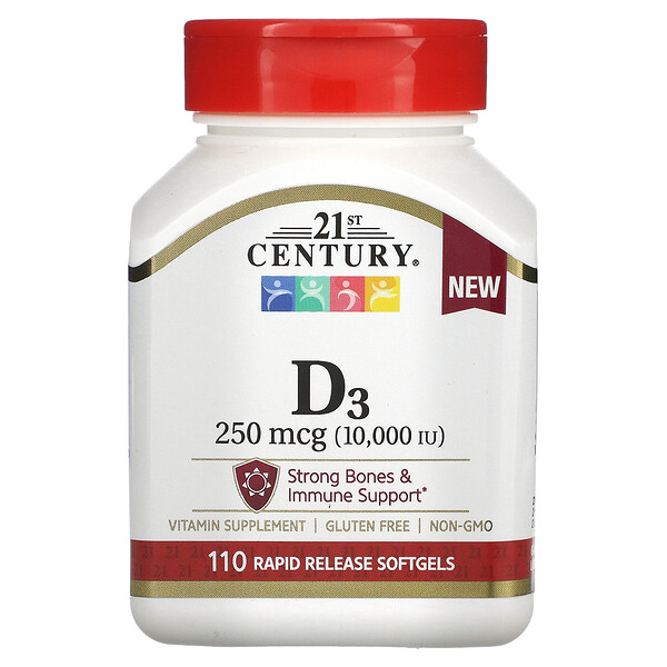 Витамин D3, 250 мкг (10 000 МЕ), 110 мягких таблеток с быстрым высвобождением 21st Century