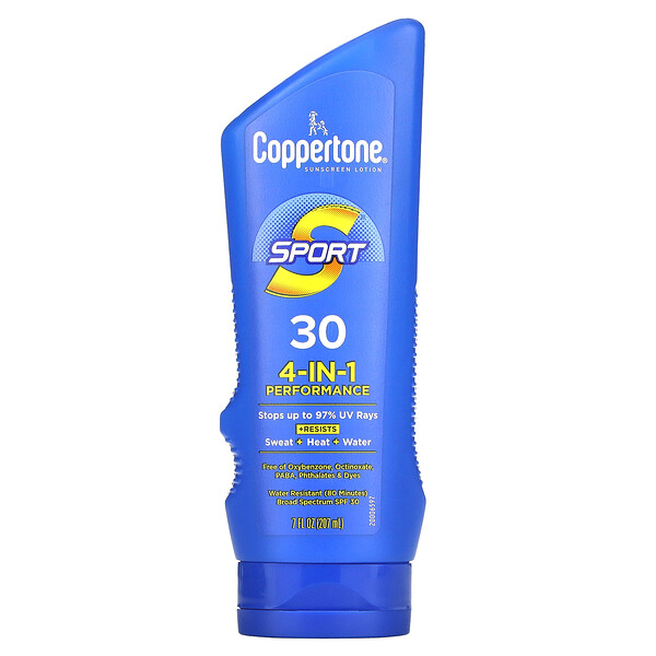 Sport , Солнцезащитный лосьон, эффективность 4-в-1, SPF 30, 7 жидких унций (207 мл) Coppertone