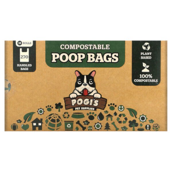 Compostable Poop Bags, 18 Rolls, 270 Handled Bags Pogi's Pet Supplies