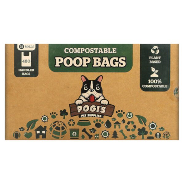 Compostable Poop Bags, 32 Rolls, 480 Handled Bags Pogi's Pet Supplies