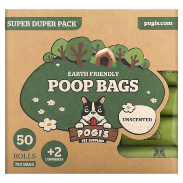 Earth Friendly Poop Bags, Super Duper Pack, Unscented, 50 Rolls, 750 Bags, 2 Dispensers Pogi's Pet Supplies