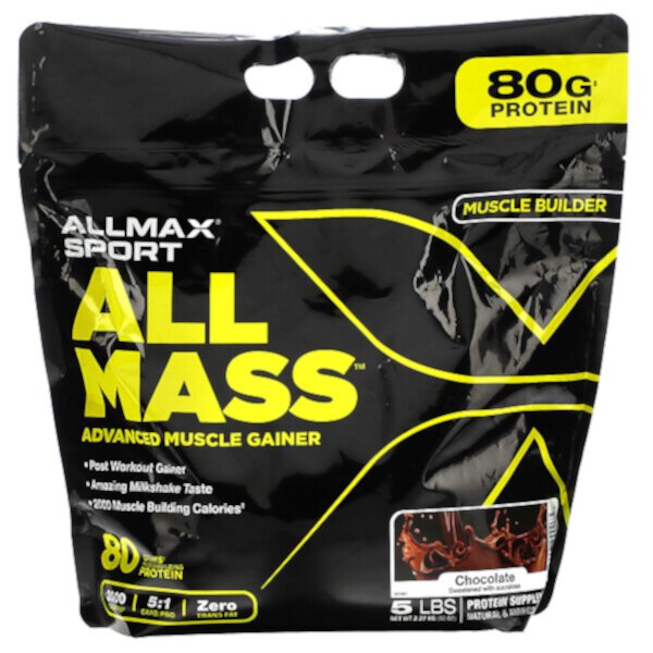 Sport, All Mass, Advanced Muscle Gainer, Chocolate, 5 lbs, 2.27 kg (80 oz) ALLMAX