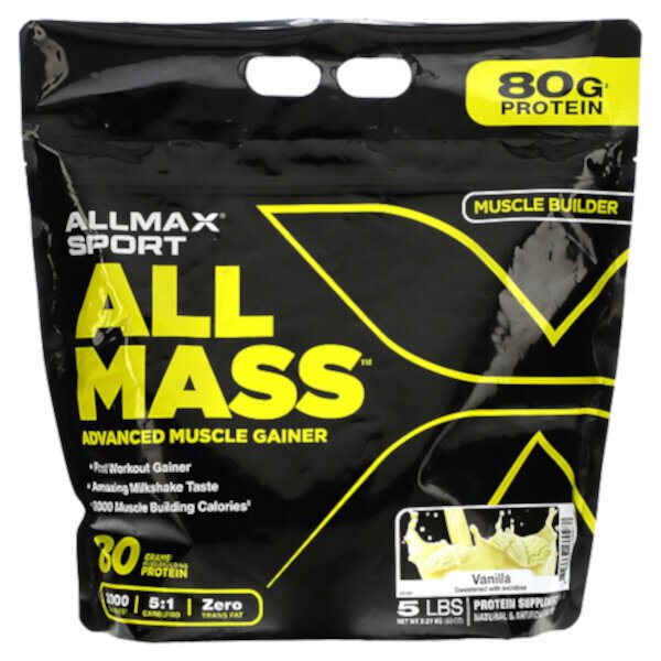 Sport, All Mass, Advanced Muscle Gainer, Vanilla, 5 lbs, 2.27 kg (80 oz) ALLMAX