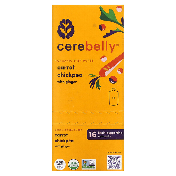 Organic Baby Puree, Carrot Chickpea with Ginger, 6 Pouches, 4 oz (113 g) Each Cerebelly