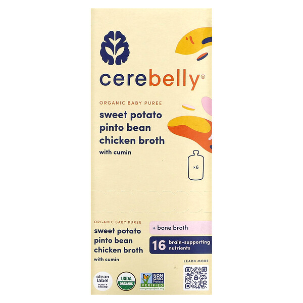 Organic Baby Puree, Sweet Potato, Pinto Bean, Chicken Broth with Cumin, 6 Pouches, 4 oz (113 g) Each Cerebelly