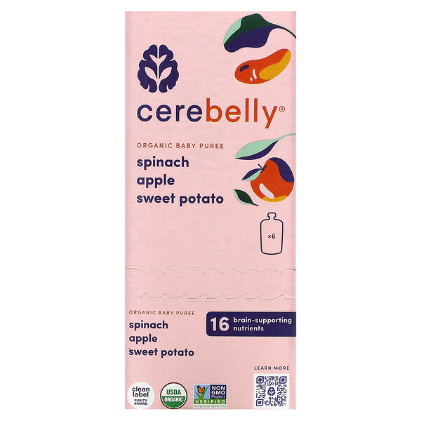 Organic Baby Puree, Spinach, Apple, Sweet Potato, 6 Pouches, 4 oz (113 g) Each Cerebelly