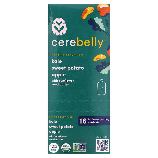 Organic Baby Puree, Kale, Sweet Potato, Apple with Sunflower Seed Butter , 6 Pouches, 4 oz (113 g) Each Cerebelly