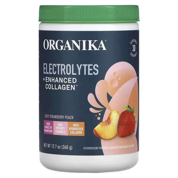 Electrolytes + Enhanced Collagen, сочная клубника-персик, 12,7 унции (360 г) Organika