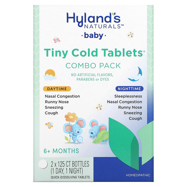 Baby, Tiny Cold Tablets Combo Pack, Daytime/Nighttime, 6+ Months, 2 Bottles, 125 Quick-Dissolving Tablets Each Hyland's