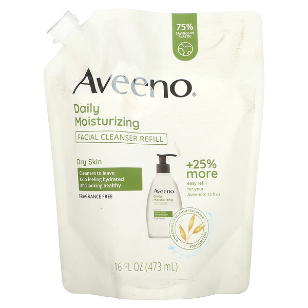 Ежедневное увлажнение, сменное средство для очищения лица, для сухой кожи, без отдушек, 16 жидких унций. (473 мл) Aveeno