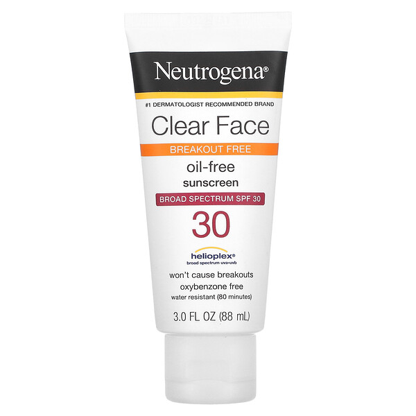 Clear Face, Oil-Free Sunscreen, Broad Spectrum SPF 30, Fragrance Free, 3 fl oz (88 ml) Neutrogena