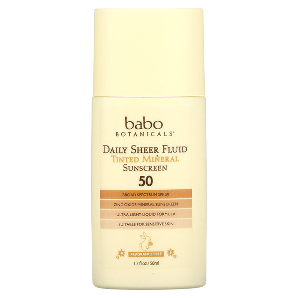 Daily Sheer Fluid Tinted Mineral Sunscreen 50, Fragrance Free, 1.7 fl oz (50 ml) Babo Botanicals