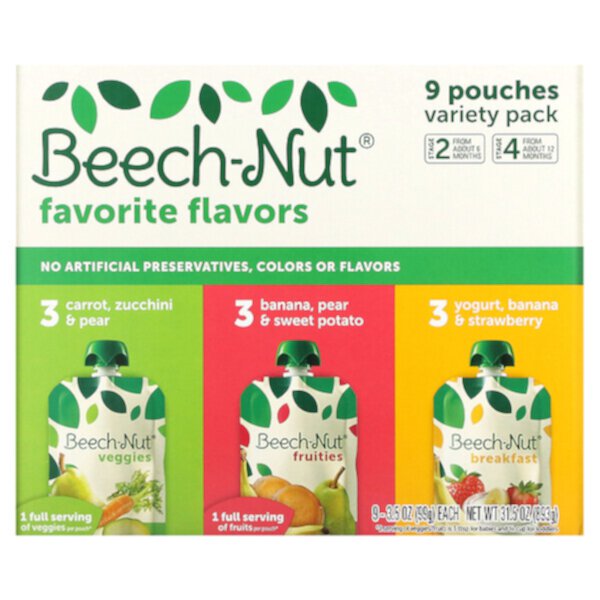 Favorite Flavors Variety Pack, 6+ Months & 12+ Months, 9 Pouches, 3.5 oz (99 g) Each Beech-Nut
