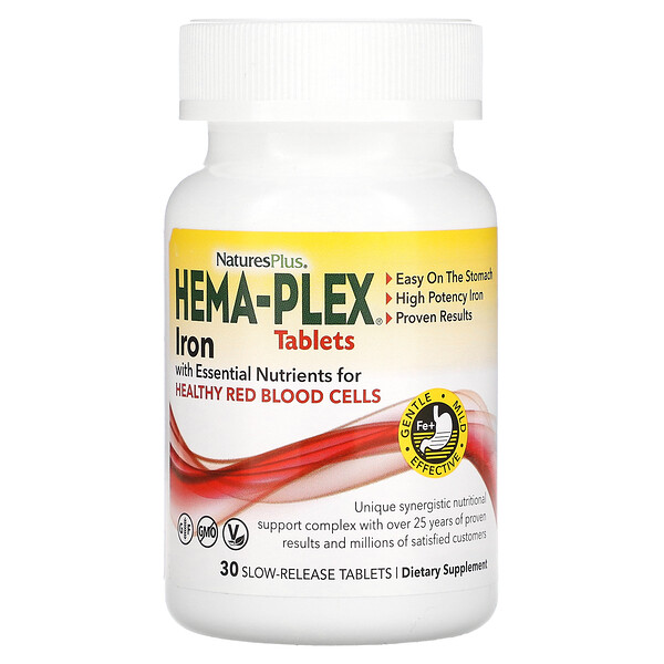 Hema-Plex, Iron with Essential Nutrients for Healthy Red Blood Cells, 30 Slow Release Tablets NaturesPlus