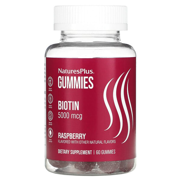 Биотиновые жевательные конфеты, малина, 5000 мкг, 60 жевательных таблеток NaturesPlus