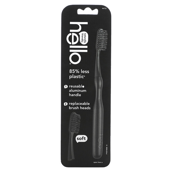 Aluminum Toothbrush with Replaceable Brush Heads, Soft, Black, 1 Toothbrush and 1 Replaceable Brush Head Hello