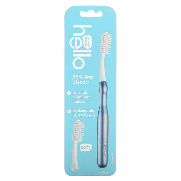 Aluminum Toothbrush with Replaceable Brush Heads, Soft, Blue, 1 Toothbrush and 1 Replaceable Brush Head Hello