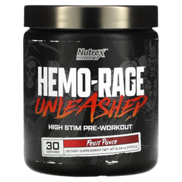 Hemo-Rage, Unleashed, предтренировочный комплекс High Stim, фруктовый пунш, 6,34 унции (179,8 г) Nutrex Research