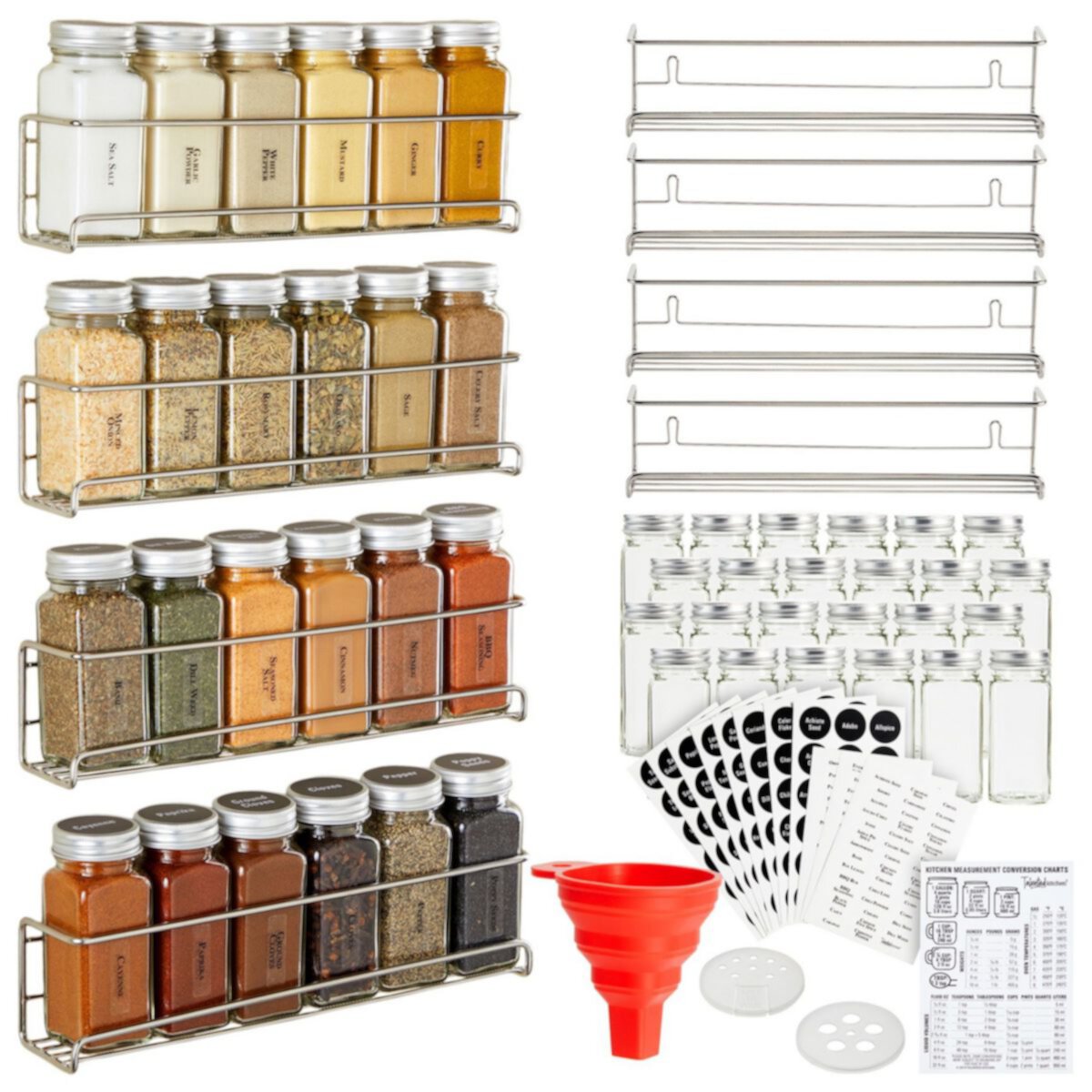 Set of 4 Wall Mounted Spice Racks for Kitchen, 24 Square Glass Herb Jars with Lids, 269 Clear Minimalist Seasoning Labels in 2 Styles Talented Kitchen