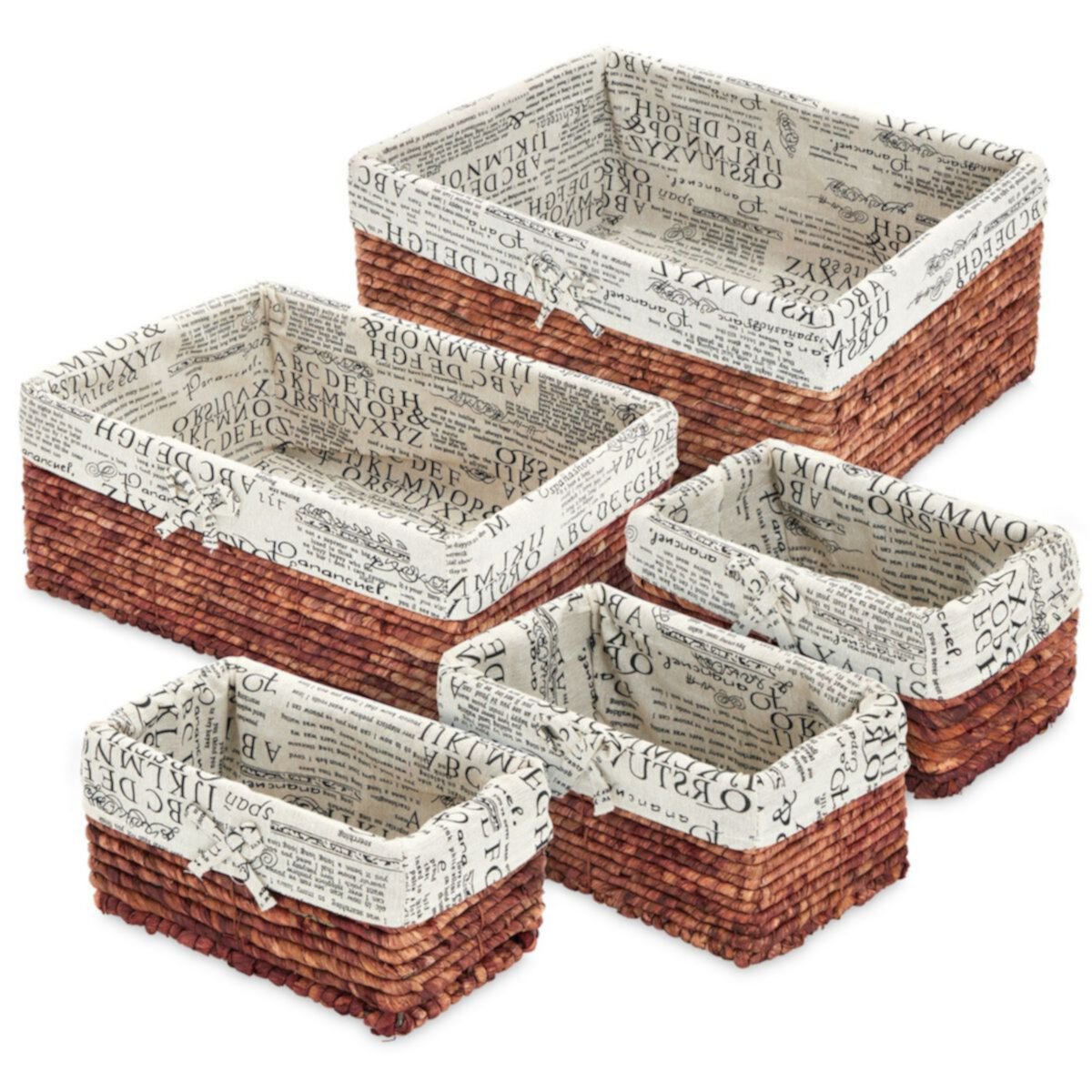 Set of 5 Brown Wicker Baskets with Cloth Lining for Storage, Lined Bins for Organizing Closet Shelves, Text Pattern (3 Sizes) Juvale