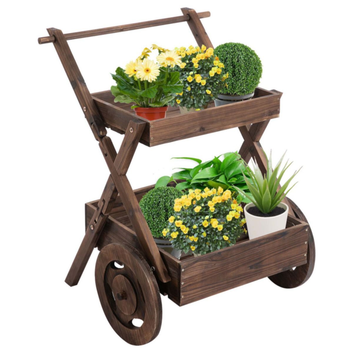 Outsunny 2 Tier Wooden Rustic Elevated Garden Plant Bed/Stand with Wheels and Handle for Movement and Classic Look/Aesthetic/Outdoor Decor Outsunny