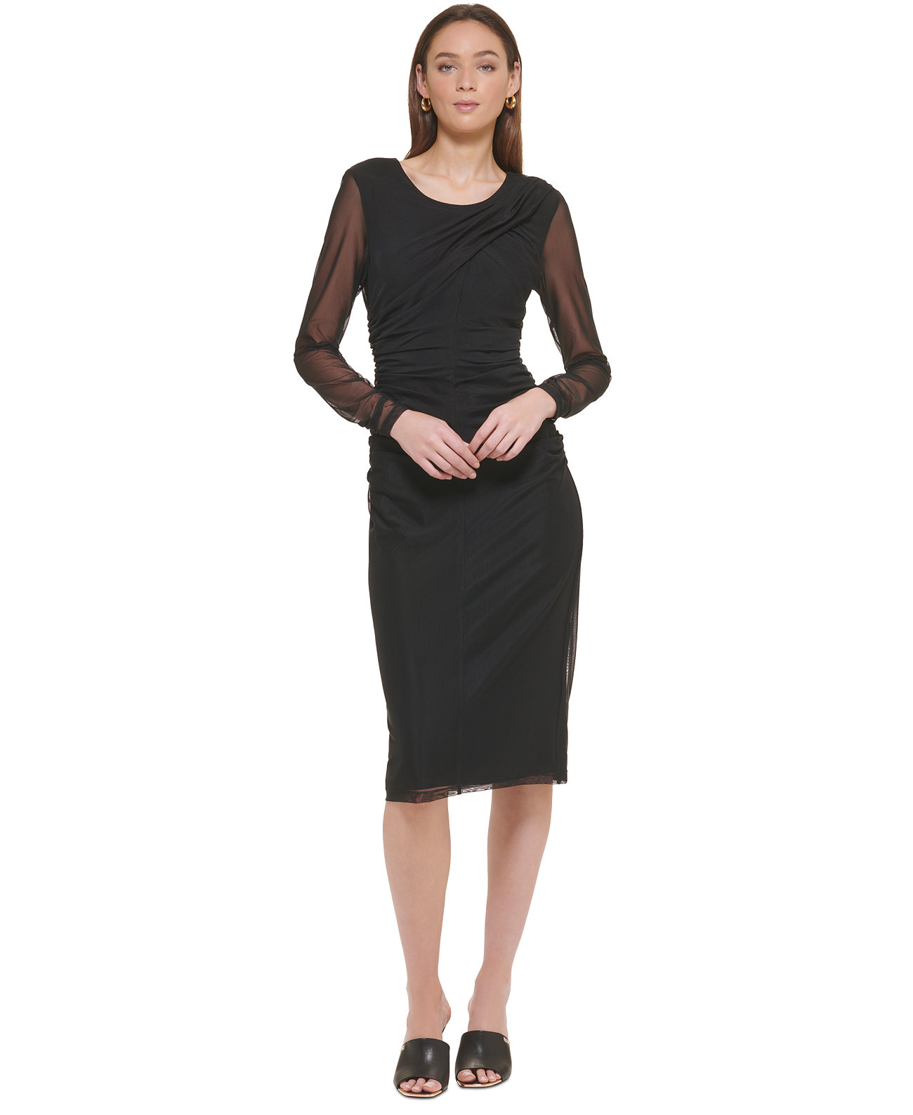 Женское платье миди из сетки с круглым вырезом и рюшами и прозрачными рукавами DKNY